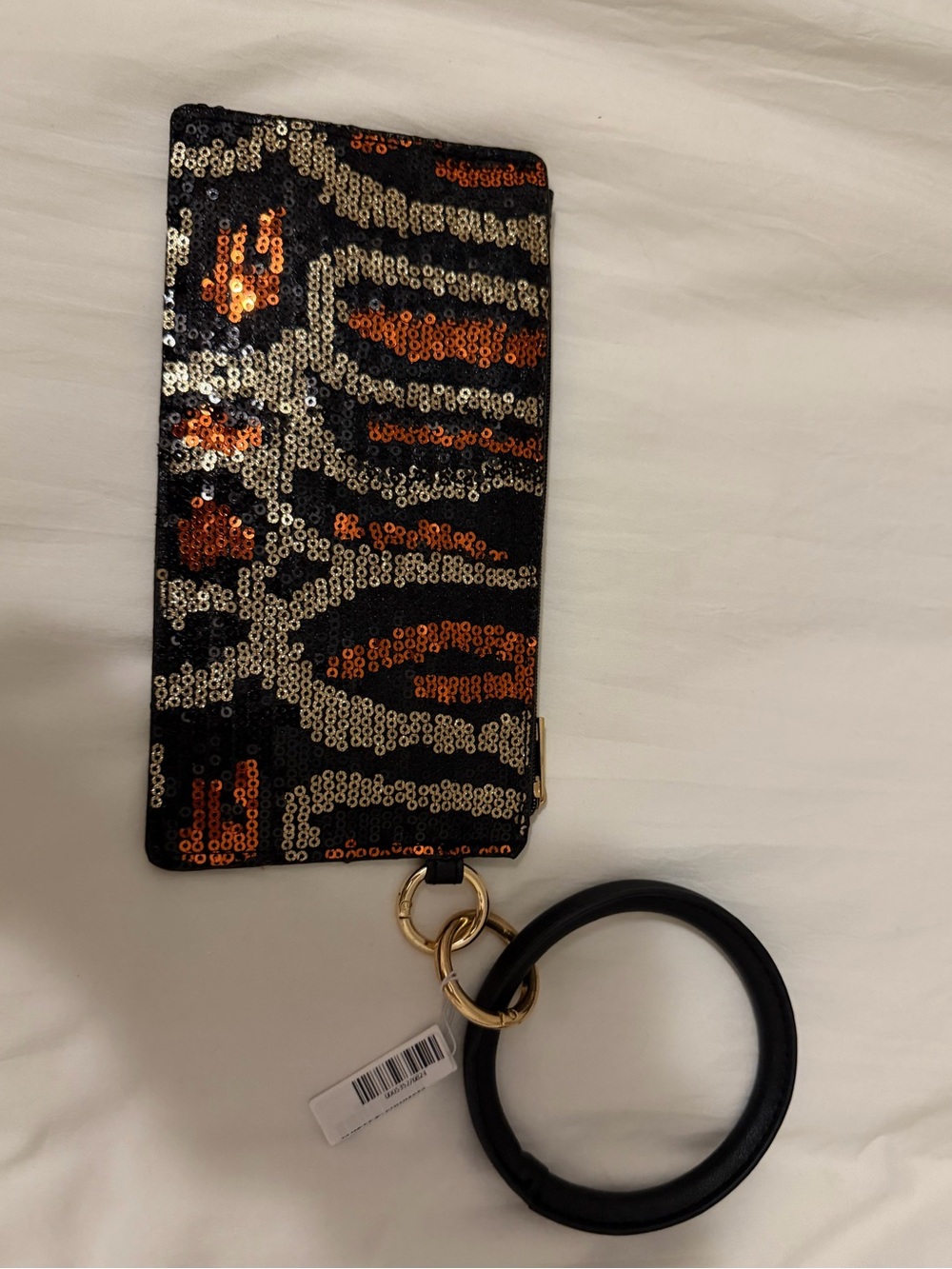 Sequin Animal-Print Wristlet Clutch in Black & Orange